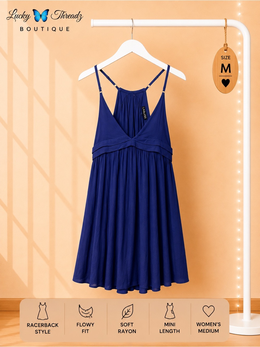 Royal Blue Racerback Mini Dress Sleeveless Flowy Rayon Medium
